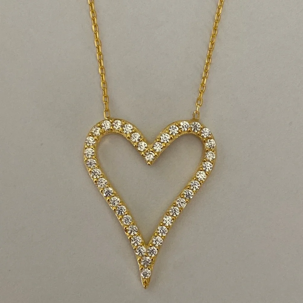 💖925 Silver necklace heart love cz stones 18k yellow gold plated